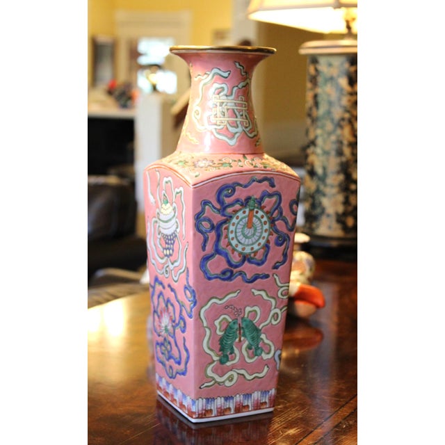 Antique Chinese Famille Rose Porcelain Vase, Tongzhi, Eight Auspicious Buddhist Symbols, 14 3/4” x 5”