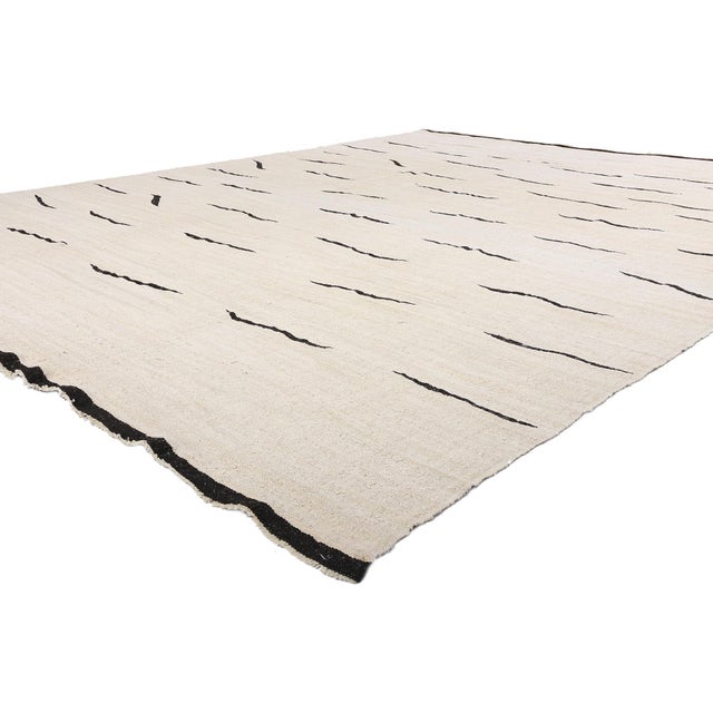 52622 Vintage Turkish Kilim Rug, 11'03 x 13'10. In a mesmerizing interplay of minimalism and movement, this handwoven wool...