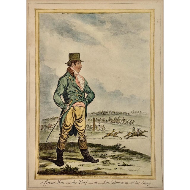This framed hand-colored etching and aquatint entitled "A Great Man on The Turf or Sir Solomon in all his Glory" by James...