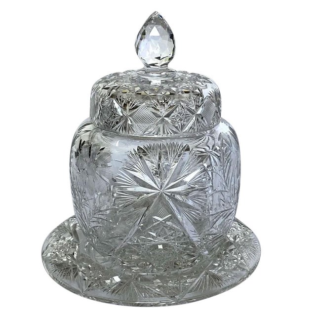 DETAILS An antique ovoid jar or humidor with fitted lid and round under tray. Three pieces comprising: jar, lid and...