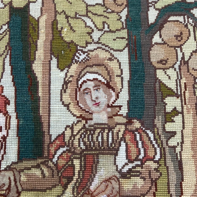 Arts & Crafts 1920’s Hand Done Arts & Crafts Large Needlepoint Woman & Her Dogs Tapestry For Sale - Image 3 of 7