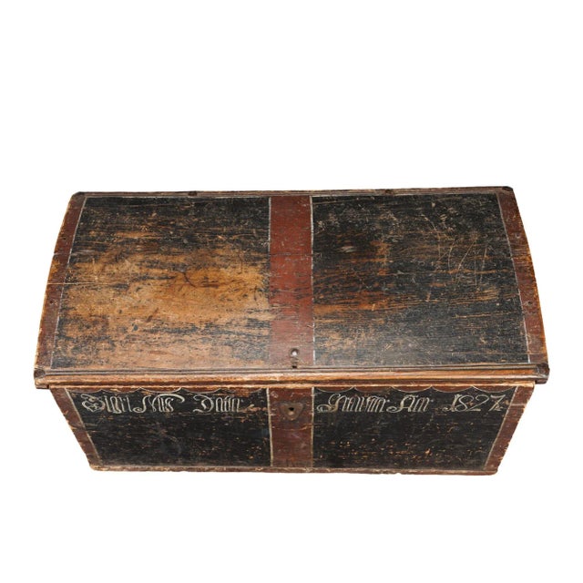 19th Century Painted Norwegian Pine Immigrant Trunk With Coffer Top, 1827 For Sale - Image 5 of 12
