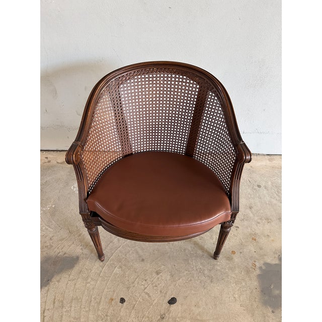 French Louis XVI Style Cane-Back Chair With Fluted Legs and Brown Leather Seat For Sale In Miami - Image 6 of 6