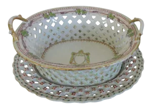 Early 19th Century Chinese Export Porcelain Chestnut Basket and Under Tray in Famille Rose Palette