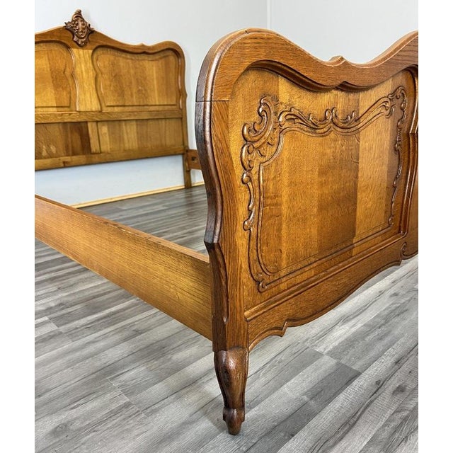Vintage French Louis XVI Oak Double Bed Frame with Carved Headboard For Sale - Image 10 of 12