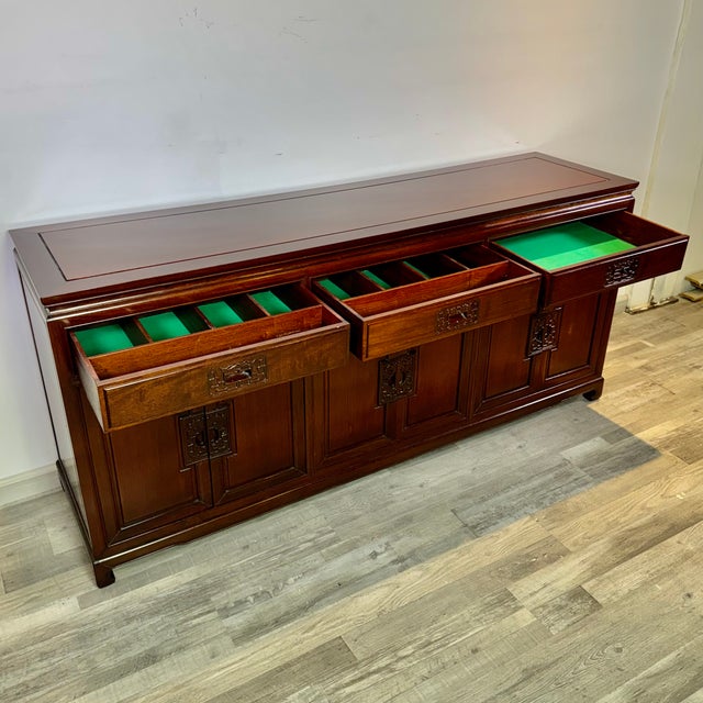 Wood Vintage Asian Rosewood Carved Longevity Sideboard Server For Sale - Image 7 of 15