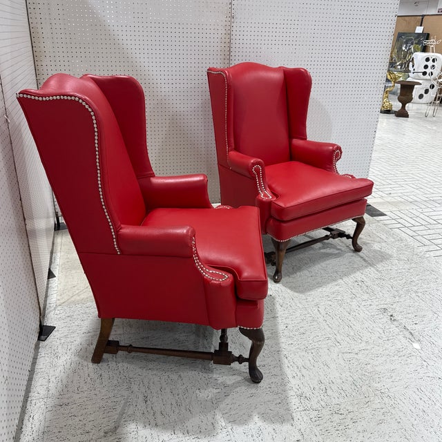 Vintage Pair of Red Leather Wingback Chairs For Sale In Atlanta - Image 6 of 7