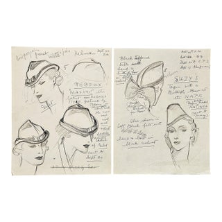C1935 Set of 2 French Original Hat Design Fashion Drawings for Reboux, Suzy For Sale