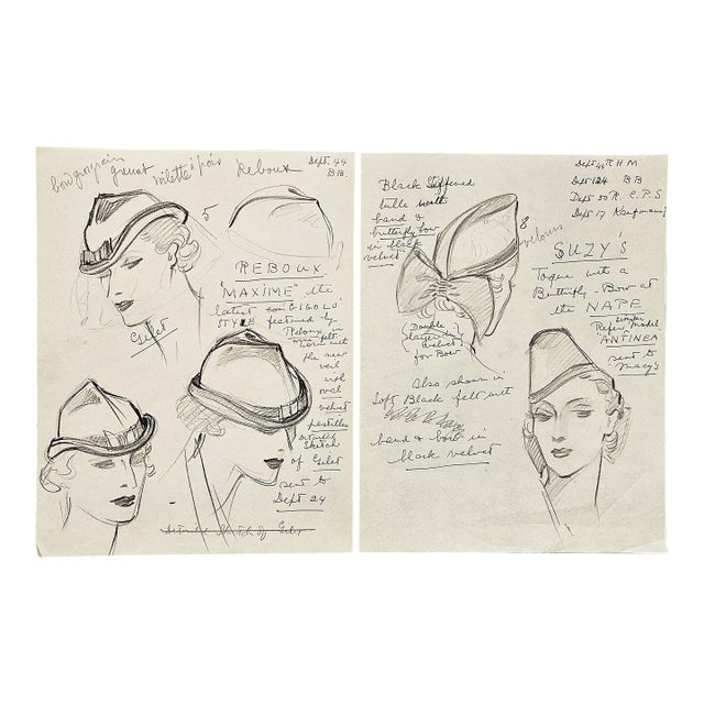 C1935 Set of 2 French Original Hat Design Fashion Drawings for Reboux, Suzy For Sale