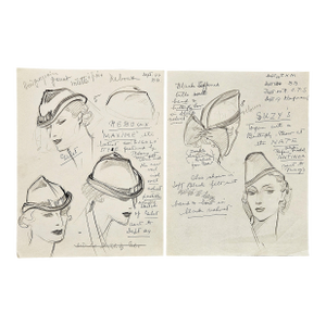 C1935 Set of 2 French Original Hat Design Fashion Drawings for Reboux, Suzy