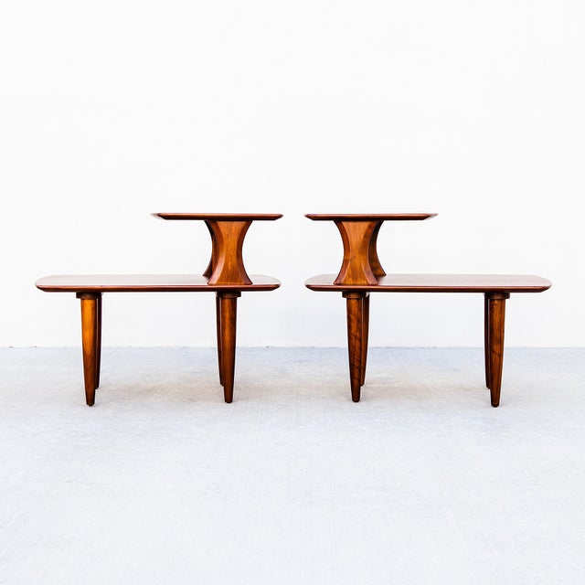 Restored Mid Century Modern Solid Walnut Sculptural Step Tables For Sale In Los Angeles - Image 6 of 12