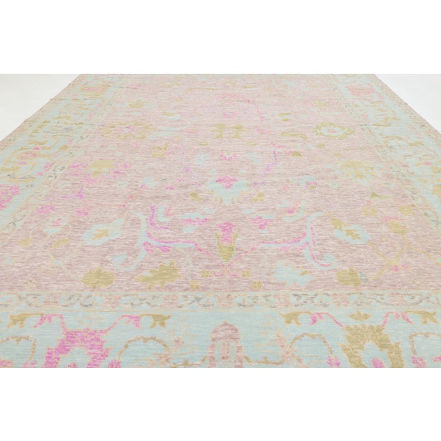 Pink Pink Contemporary Oushak Style Wool Rug Handmade With Floral Design For Sale - Image 8 of 11