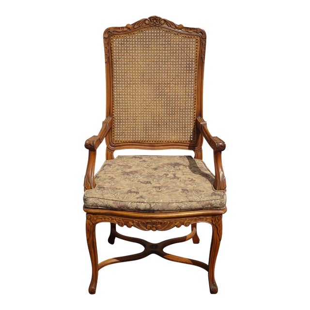 Vintage French Country Cane Side Chair with Cushion For Sale