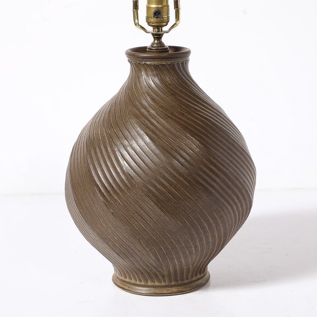 Mid-Century Modern Mid-Century Modernist Spiral Grooved Table Lamp in Burnt Umber Ceramic For Sale - Image 3 of 12