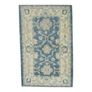 Early 21st Century Blue Floral Design Handwoven Wool Turkish Oushak Rug 3' X 4'10"