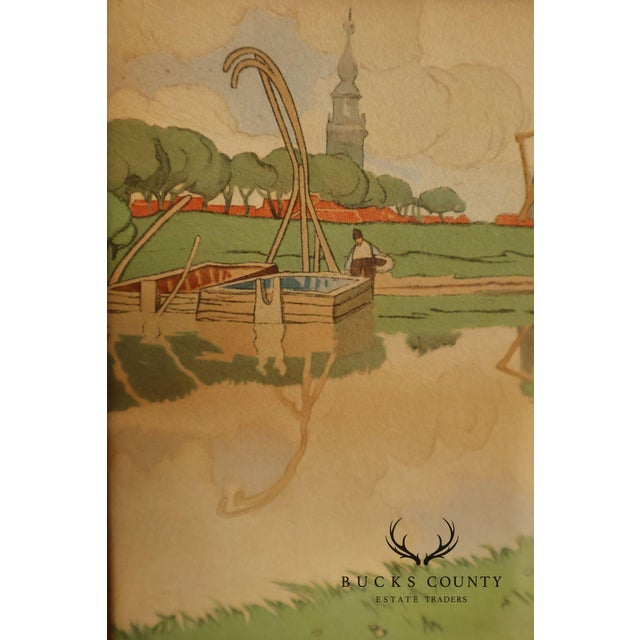 Wood Henri Cassiers Dutch Village Scene Print in Arts & Crafts Oak Frame For Sale - Image 7 of 17