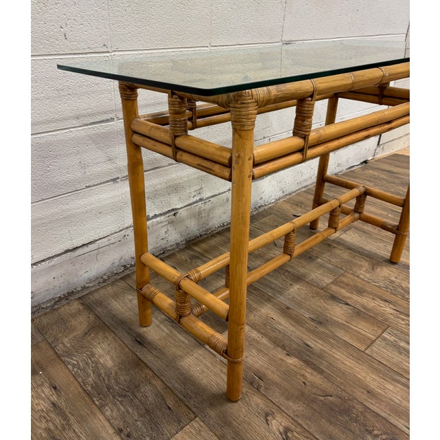 Vintage MCM Coastal Boho Style Sculpted Rattan Bamboo Glass Top Console Table For Sale In Kansas City - Image 6 of 9