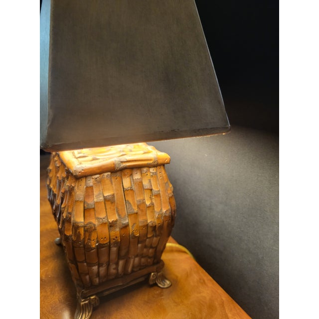 Wood Vintage Burnt Bamboo Chinoiserie Table Lamp With Rectangular Shade For Sale - Image 7 of 8
