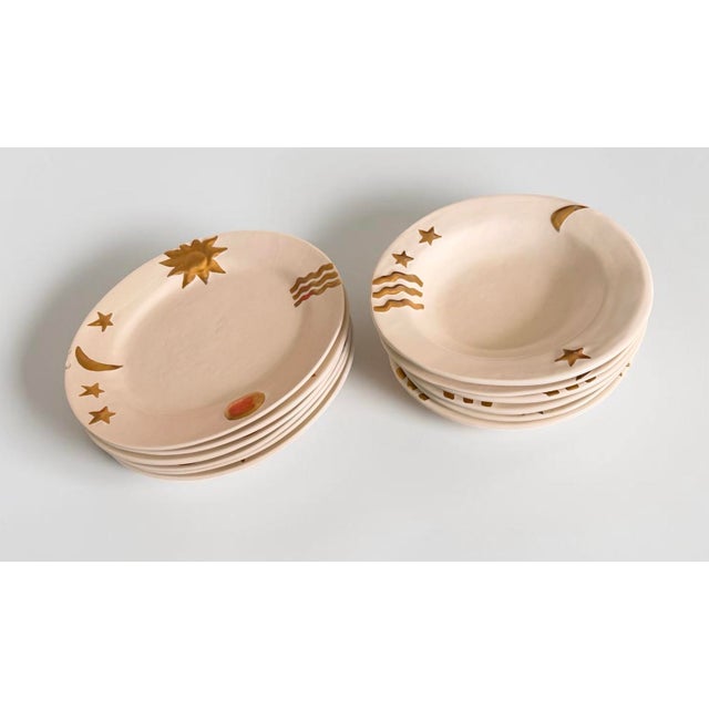 1980s 1980s Julie Sanders Cyclamen Pottery Celestial Gold Moon Stars Set of 6 Bowls & Plates (12 Pieces) For Sale - Image 5 of 12