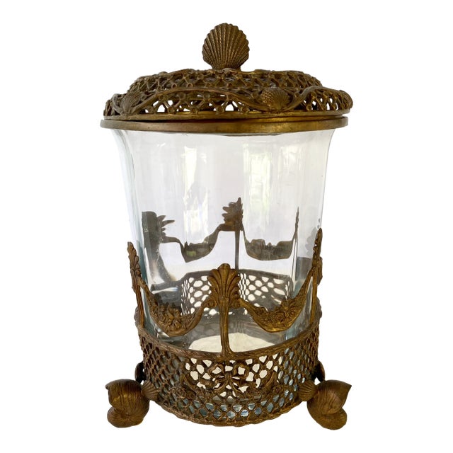 Vintage Hollywood Regency Bronze Lead Crystal Castilian 3 Piece Cylindrical Scallop Shell Lidded Nautilus Footed Jar For Sale