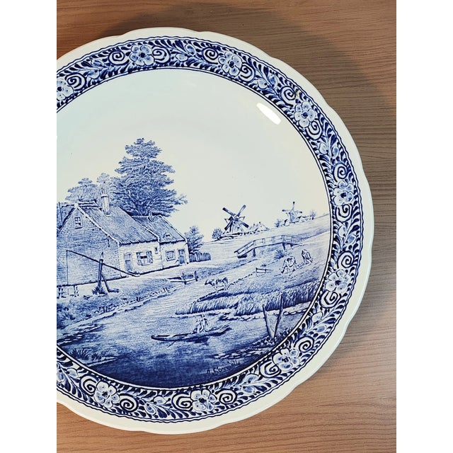 Mid-Century Modern Vintage 1960s Large Delfts Boch Belgium Blue Windmill Holland Charger Plate Royal Sphinx For Sale - Image 3 of 4