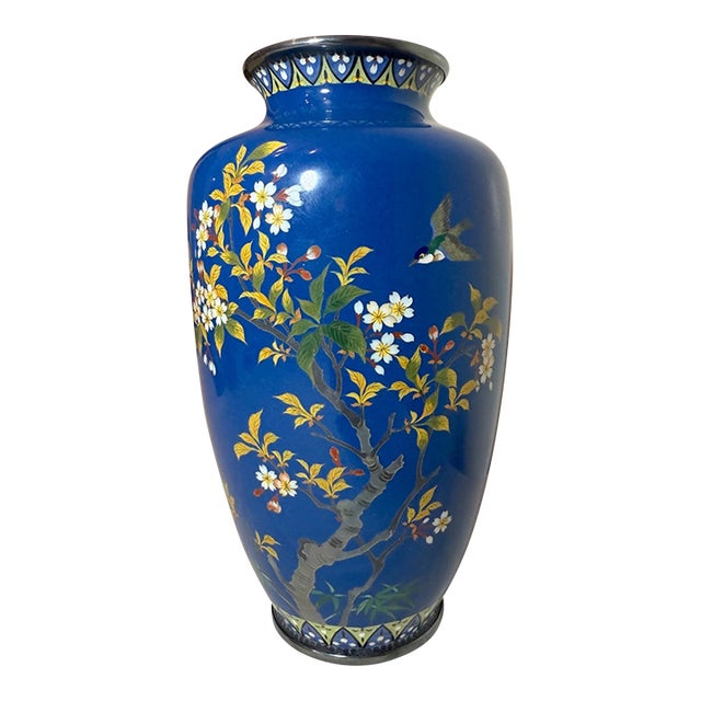 Fine Antique Sterling Silver Mounted Japanese Enameled Blue Cloisonne Vase For Sale