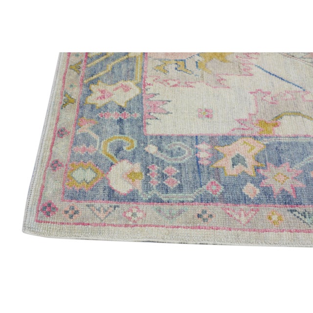Early 21st Century Blue & Pink Handwoven Wool Turkish Oushak Rug 5'7" X 6'5" For Sale In Houston - Image 6 of 9