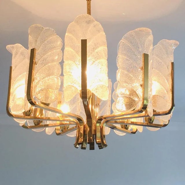 Gold Scandinavian Brass Chandelier with 10 Glass Leaves by Carl Fagerlund for Orrefors, Sweden, 1960s For Sale - Image 8 of 11