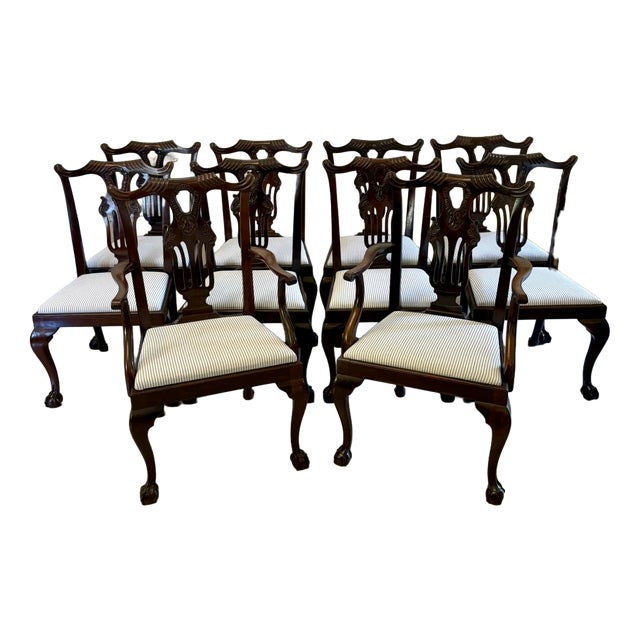 Antique Mid 19th Century Irish Carved Mahogany Dining Chairs with Carvers and Ball & Claw Feet, 1850s, Set of 10 For Sale