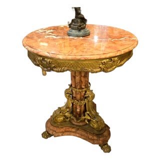 Luxury Pink Marble Side Table With Bronze & Gold Leaf Base – French Classical Accent Table For Sale