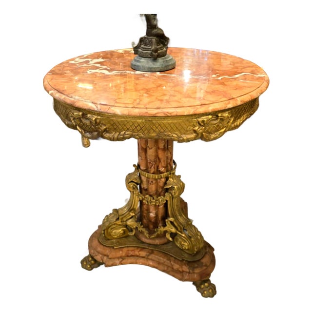 Luxury Pink Marble Side Table With Bronze & Gold Leaf Base – French Classical Accent Table For Sale