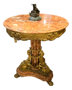 Luxury Pink Marble Side Table With Bronze & Gold Leaf Base – French Classical Accent Table