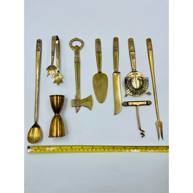 Mid-Century 9-Piece Asian Brass Barstool Set in Original Custom Case For Sale - Image 12 of 13