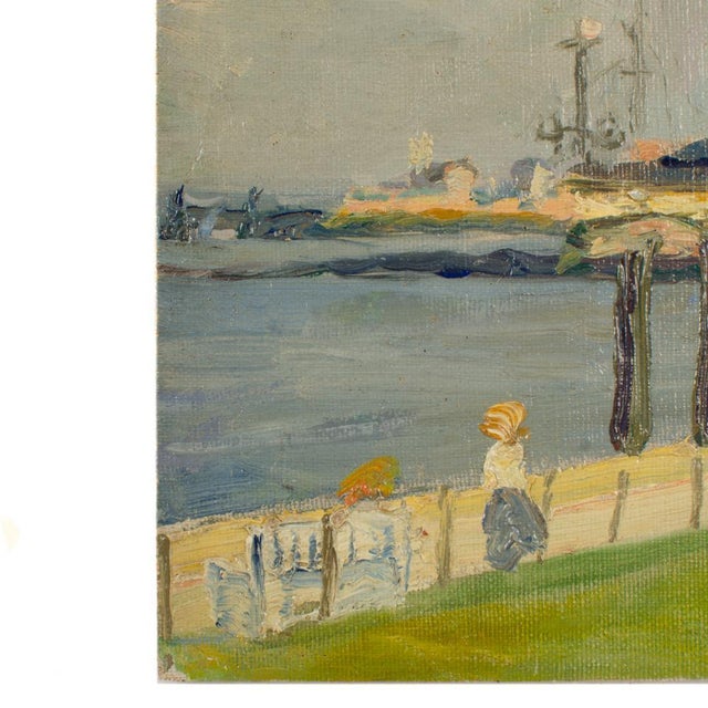 "Cuxhaven" - Oil on wood. Estate stamp on back. Boardwalk Harbor Scene with field. Dimensions: 12" x 8"