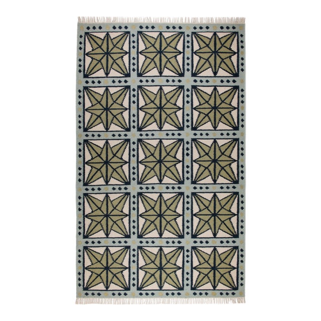Part & Parcel Goods Wool Star Rug, 12' x 15', Sage, Navy, Sky Blue and Eggshell For Sale