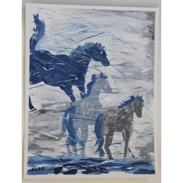 Impressionist Folk Art horses in an abstract landscape, in shades of navy blue and gray Coordinating paintings show here...