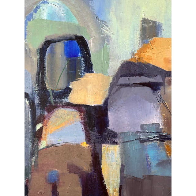 Striking large graphic abstract painting titled Unexplored Spaces by Robert Hansen having textured layers of shapes in...