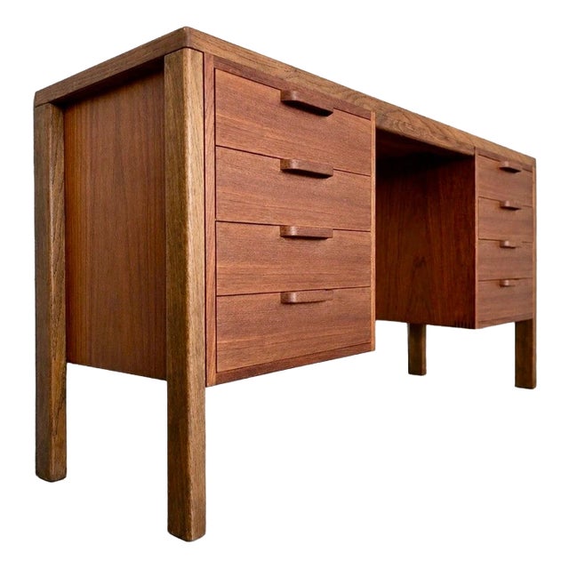 Mid-Century Modern Teak and Oak Twin Pedestal Desk by Alfred Cox, 1960s For Sale