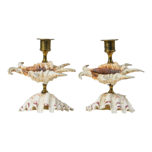 Vintage Natural Seashell and Brass Candlestick Holder Pair