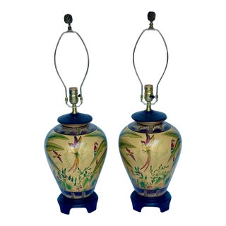 Late 20th Century Chinoiserie Hand Painted Tropical Ginger Jar Lamps With Birds - a Pair For Sale
