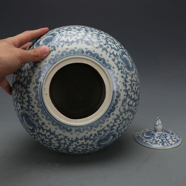 Blue Blue and White Porcelain Double Happiness Lidded Melon Ginger Jar Chinoiserie Decor For Sale - Image 8 of 8