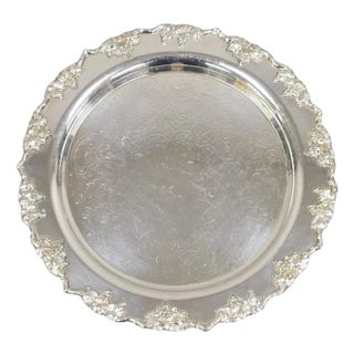 Antique English Victorian Silver Plated Grapevine Round Serving Platter Tray For Sale