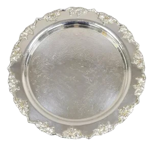 Antique English Victorian Silver Plated Grapevine Round Serving Platter Tray