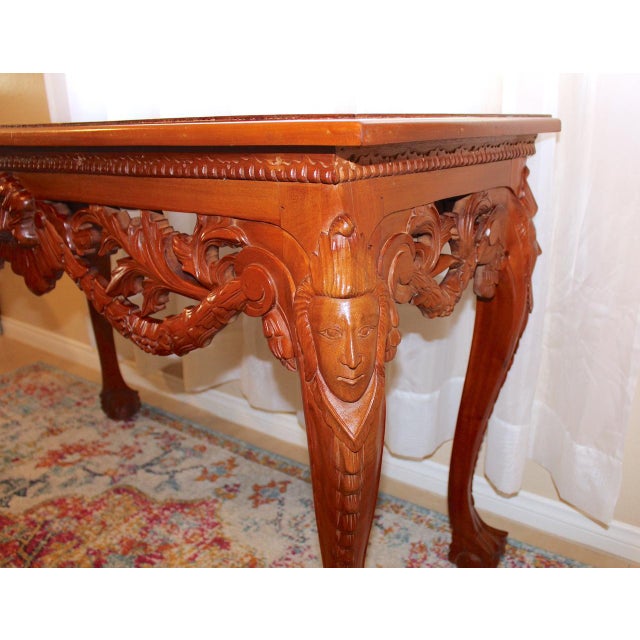 1950s Vintage Mahogany Console Table - Hand-Carved Chippendale Style With Claw Feet & Ornate Details For Sale - Image 10 of 15