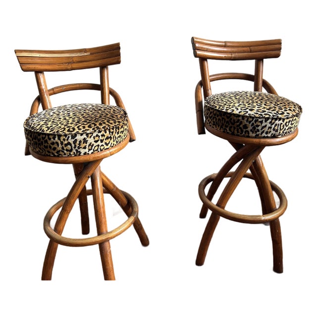 1950s Mid-Century Paul Frankl Style Bamboo Stools - Set of 2 For Sale