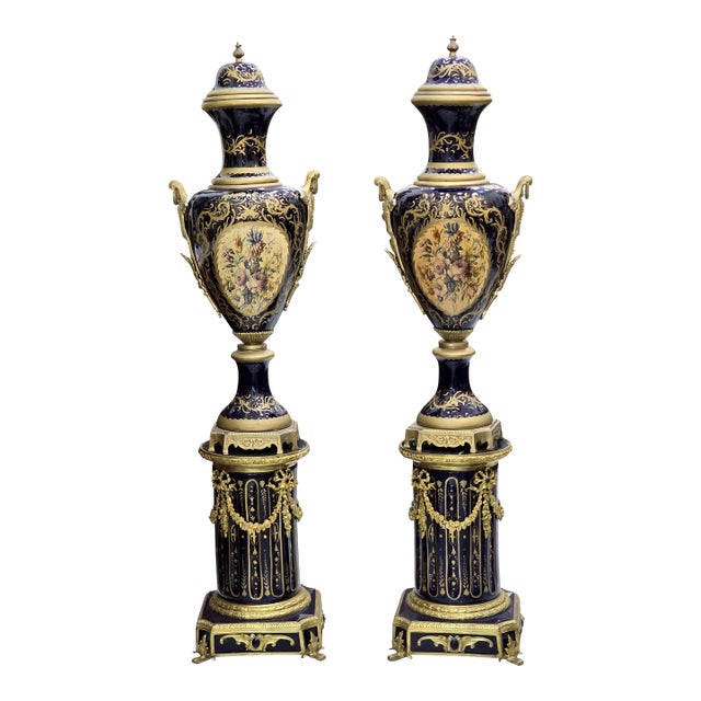 Pair of Sevres-Style Porcelain Vases on Pedestals For Sale