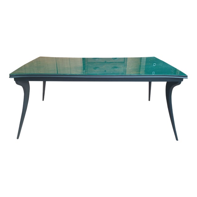 Vintage Table with Green Faux-Marble Glass Top and Curved Legs, 1950s For Sale