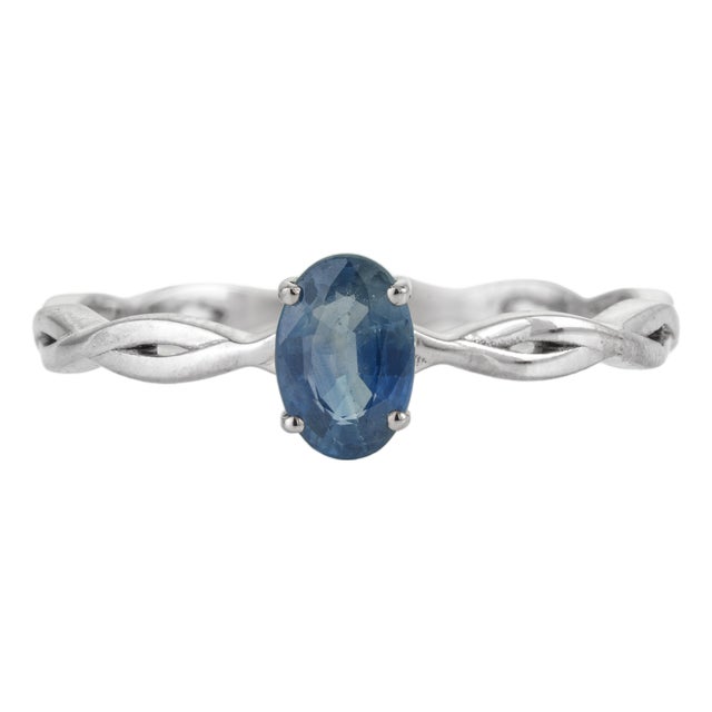 14k Gold Minimalist Oval Blue Sapphire Solitaire Ring With Twisted Band Size 6.5 For Sale