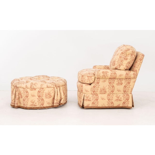 Contemporary Toile De Jouy Upholstered Club Chair and Ottoman For Sale - Image 3 of 13