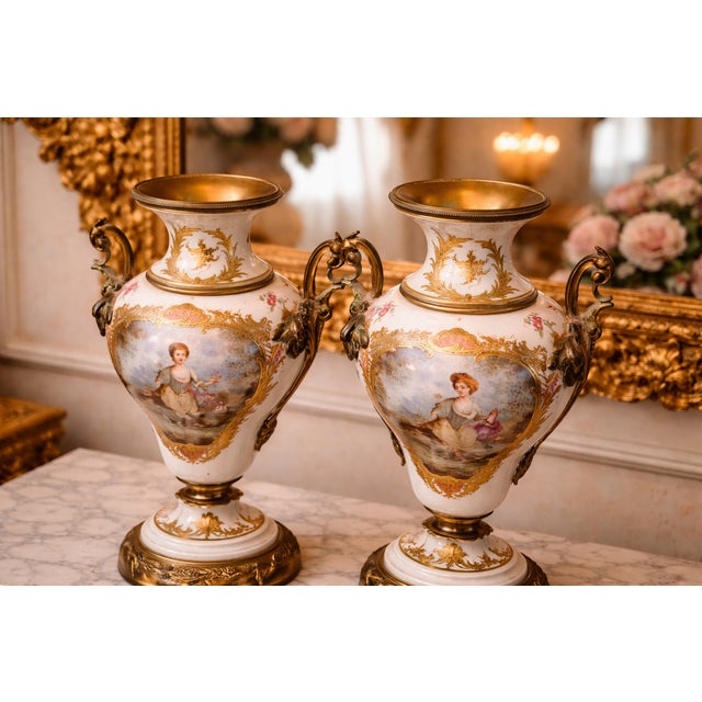 19th Sevres Louis XVI Gilt Porcelain Bronze Vases Pair For Sale - Image 10 of 18